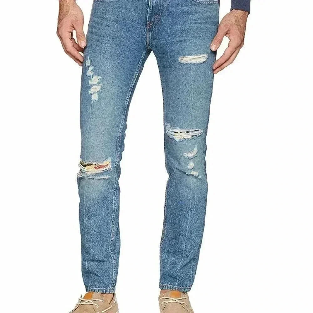 Levi’s 511 distressed mid rise dark wash 5 pckt ripped knee slim fit jeans 28
